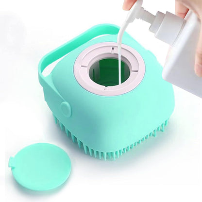 Pet Grooming Bath Massage Brush with Soap and Shampoo Dispenser Soft Silicone Bristle for Long Short Haired Dogs Cats Shower (Blue)