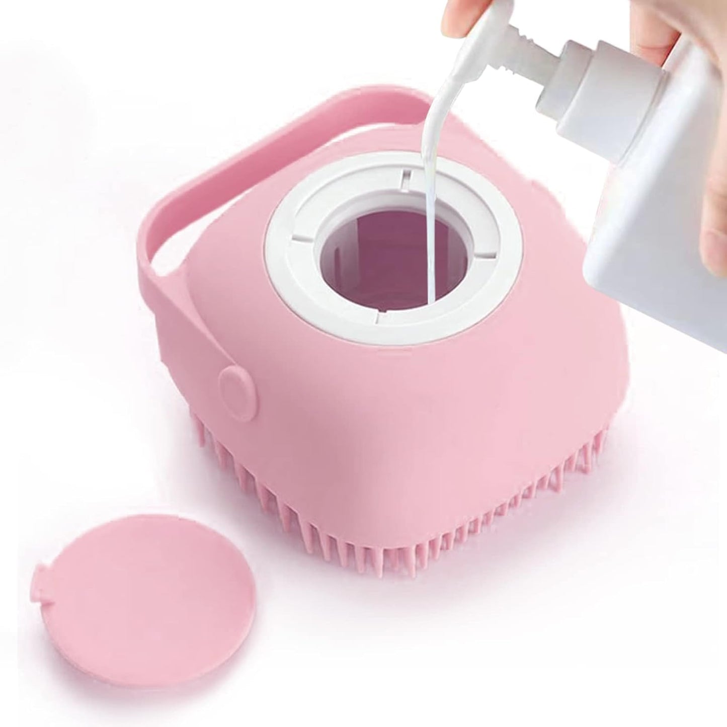 Pet Grooming Bath Massage Brush with Soap and Shampoo Dispenser Soft Silicone Bristle for Long Short Haired Dogs Cats Shower (Blue)