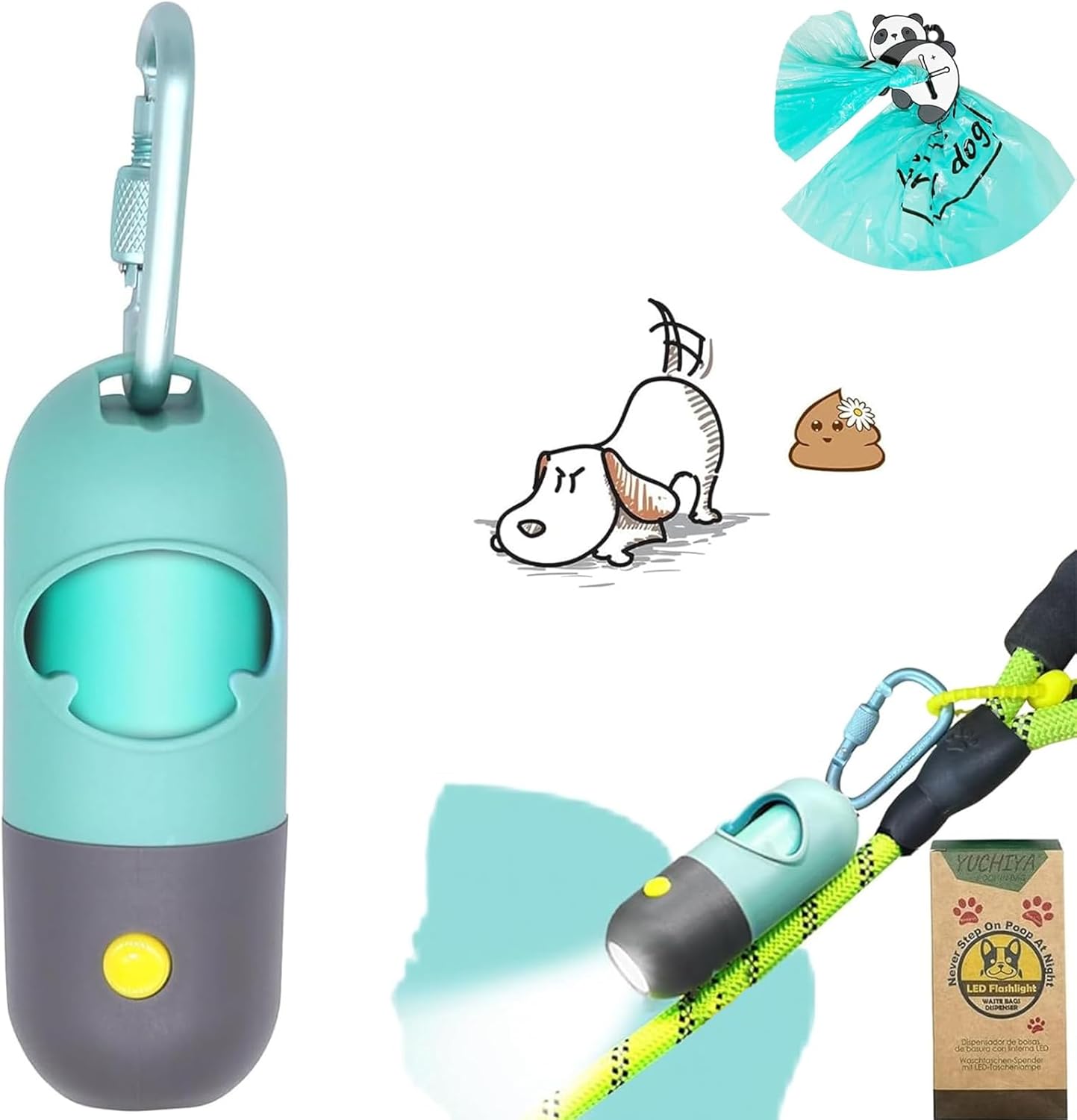 Dog Poop Bag Holder with LED Flashlight for Night Walks,Silicone Tether &Dachshund Pattern Clip for Used Bags, Hands-Free Metal Leash Carabiner, 15 Scented Waste Bags (Gray)