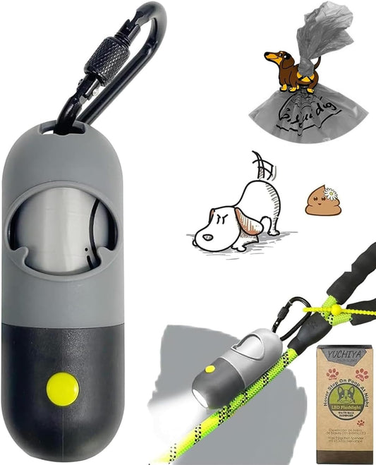 Dog Poop Bag Holder with LED Flashlight for Night Walks,Silicone Tether &Dachshund Pattern Clip for Used Bags, Hands-Free Metal Leash Carabiner, 15 Scented Waste Bags (Gray)