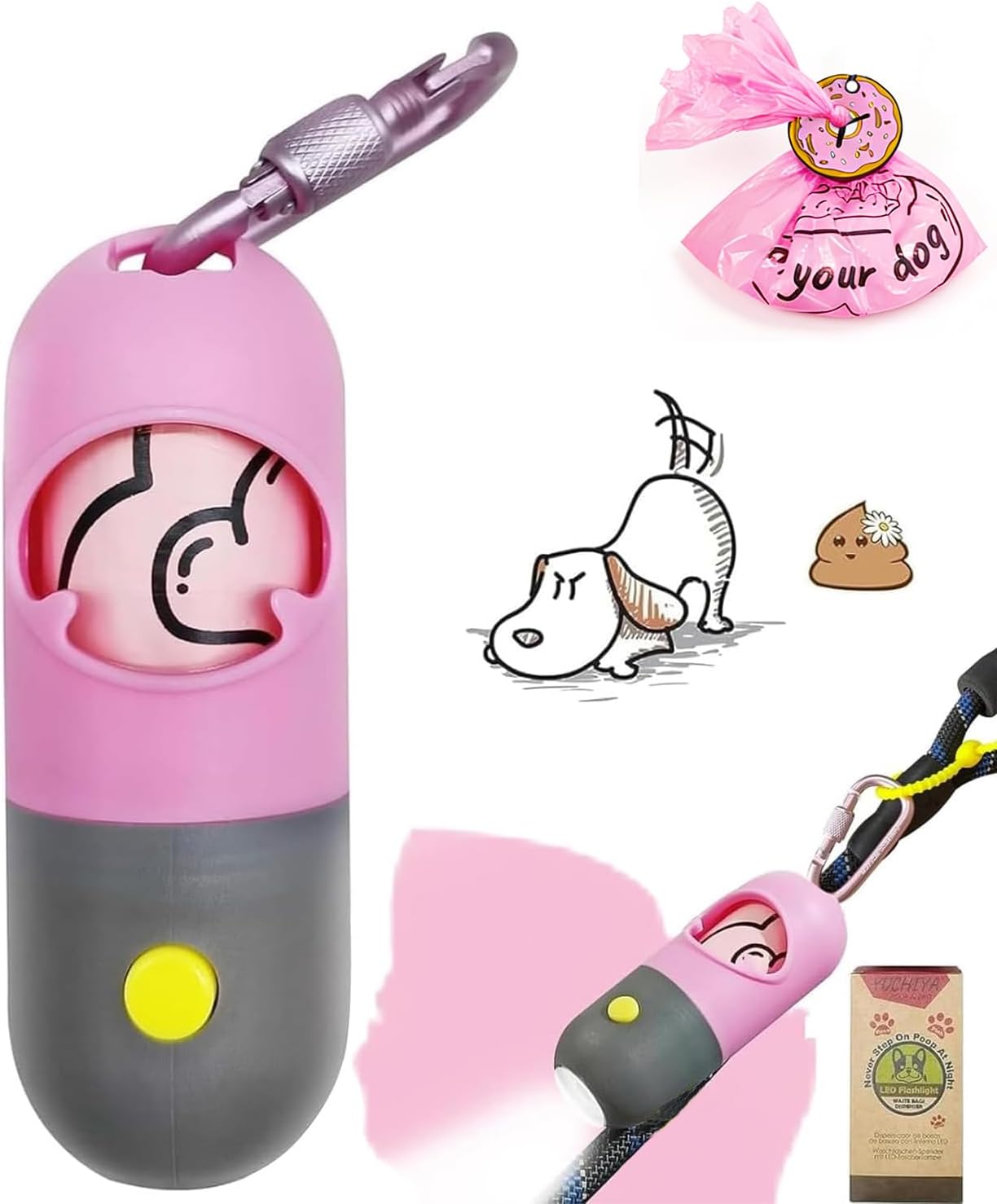Dog Poop Bag Holder with LED Flashlight for Night Walks,Silicone Tether &Dachshund Pattern Clip for Used Bags, Hands-Free Metal Leash Carabiner, 15 Scented Waste Bags (Gray)