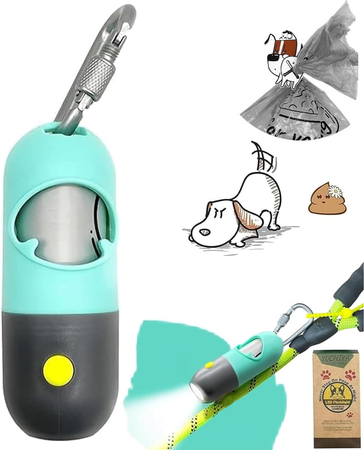 Dog Poop Bag Holder with LED Flashlight for Night Walks,Silicone Tether &Dachshund Pattern Clip for Used Bags, Hands-Free Metal Leash Carabiner, 15 Scented Waste Bags (Gray)
