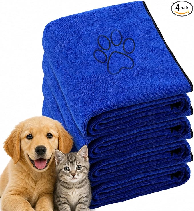 Chumia 4 Pack Microfiber Dog Towels, 30 x 50 Inch, Gray | Absorbent Grooming Cloth After Bath Drying, Soft with Embroidered Paw Design, Quick Dry for Small Medium Large Pets
