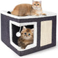 Loyareal Cat Houses for Indoor Cats - Large Cat Bed Cave with Scratch Pad and Fluffy Ball, Foldable Cat Condo Hideaway with Reversible Cushion for Multi Small Pet, Navy Blue