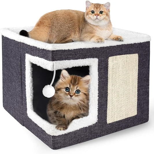 Loyareal Cat Houses for Indoor Cats - Large Cat Bed Cave with Scratch Pad and Fluffy Ball, Foldable Cat Condo Hideaway with Reversible Cushion for Multi Small Pet, Navy Blue