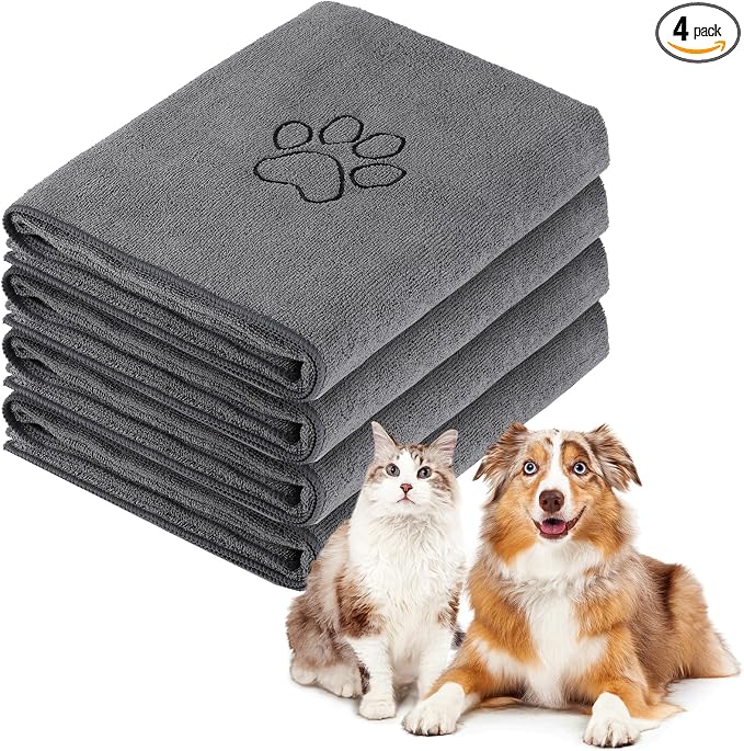 Chumia 4 Pack Microfiber Dog Towels, 30 x 50 Inch, Gray | Absorbent Grooming Cloth After Bath Drying, Soft with Embroidered Paw Design, Quick Dry for Small Medium Large Pets
