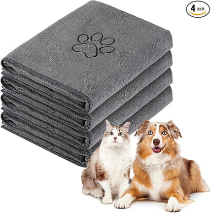 Chumia 4 Pack Microfiber Dog Towels, 30 x 50 Inch, Gray | Absorbent Grooming Cloth After Bath Drying, Soft with Embroidered Paw Design, Quick Dry for Small Medium Large Pets