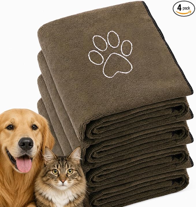Chumia 4 Pack Microfiber Dog Towels, 30 x 50 Inch, Gray | Absorbent Grooming Cloth After Bath Drying, Soft with Embroidered Paw Design, Quick Dry for Small Medium Large Pets