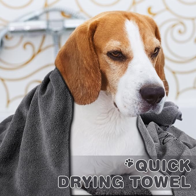 Chumia 4 Pack Microfiber Dog Towels, 30 x 50 Inch, Gray | Absorbent Grooming Cloth After Bath Drying, Soft with Embroidered Paw Design, Quick Dry for Small Medium Large Pets