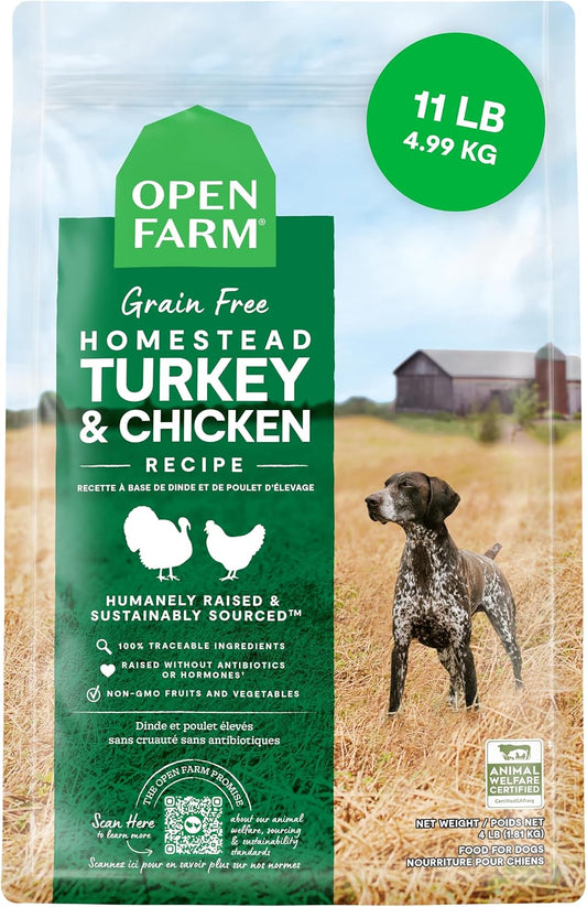Open Farm Grain Free Dry Dog Food, Turkey and Chicken Kibble, 11lb Bag | All Life Stages, All Breed Sizes, Protein-Rich & Nutrient Dense, 100% Traceable Ingredients, Non-GMO Fruits & Veggies.
