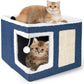 Loyareal Cat Houses for Indoor Cats - Large Cat Bed Cave with Scratch Pad and Fluffy Ball, Foldable Cat Condo Hideaway with Reversible Cushion for Multi Small Pet, Navy Blue
