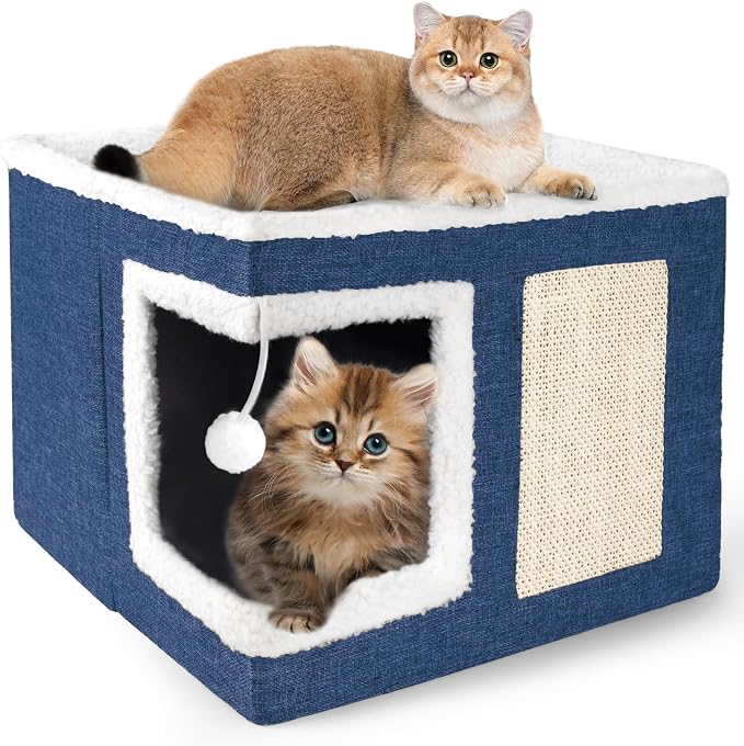 Loyareal Cat Houses for Indoor Cats - Large Cat Bed Cave with Scratch Pad and Fluffy Ball, Foldable Cat Condo Hideaway with Reversible Cushion for Multi Small Pet, Navy Blue