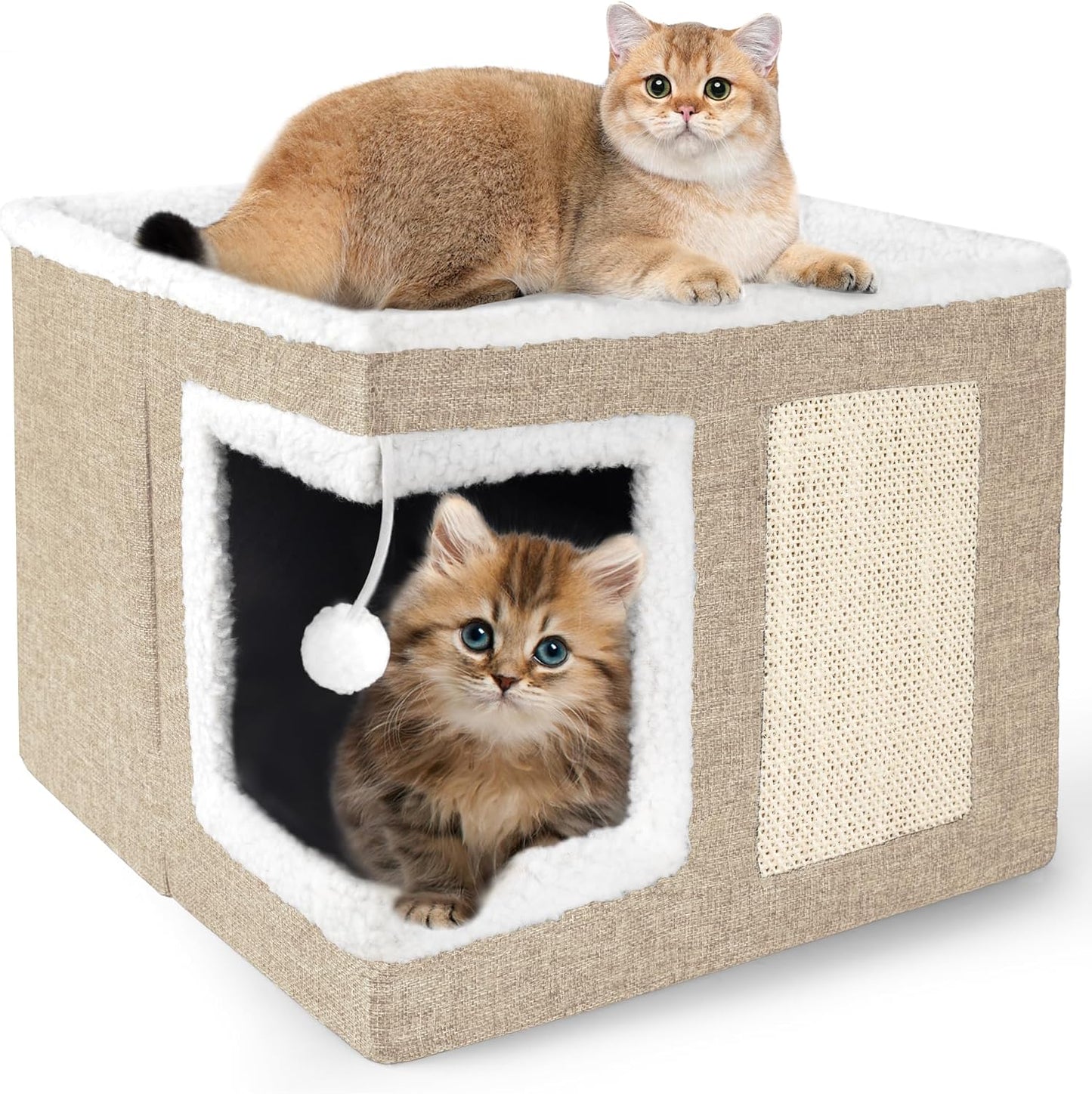 Loyareal Cat Houses for Indoor Cats - Large Cat Bed Cave with Scratch Pad and Fluffy Ball, Foldable Cat Condo Hideaway with Reversible Cushion for Multi Small Pet, Navy Blue