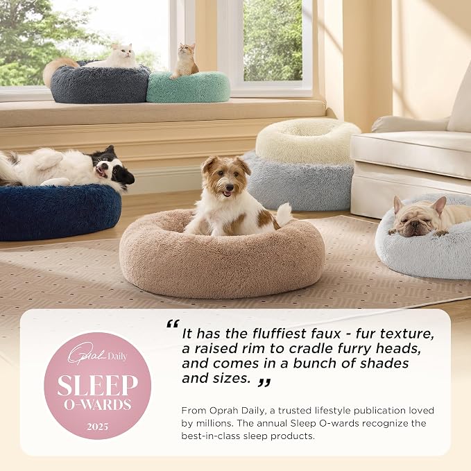 Bedsure Calming Dog Bed Medium Size Dog Donut Washable Pet Bed,30ins Camel | Oprah Daily Sleep Award,Fluffy Faux Fur Round Cuddler,Anti-Slip Bottom,Anti-Anxiety,Deep Sleep for Pets Up to 45 Lbs