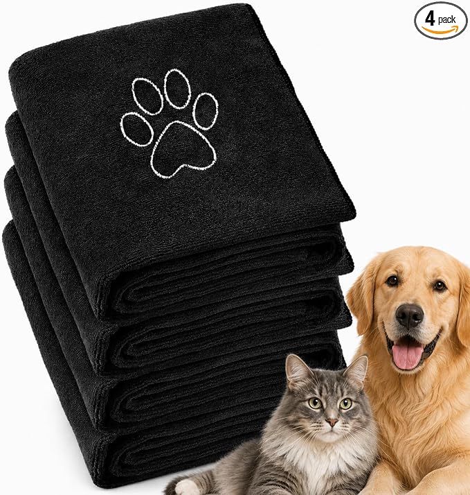 Chumia 4 Pack Microfiber Dog Towels, 30 x 50 Inch, Gray | Absorbent Grooming Cloth After Bath Drying, Soft with Embroidered Paw Design, Quick Dry for Small Medium Large Pets