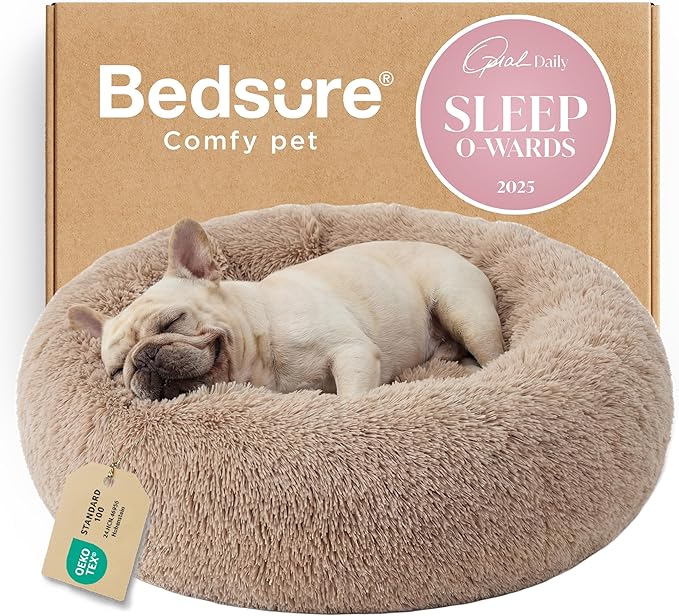 Bedsure Calming Dog Bed Medium Size Dog Donut Washable Pet Bed,30ins Camel | Oprah Daily Sleep Award,Fluffy Faux Fur Round Cuddler,Anti-Slip Bottom,Anti-Anxiety,Deep Sleep for Pets Up to 45 Lbs